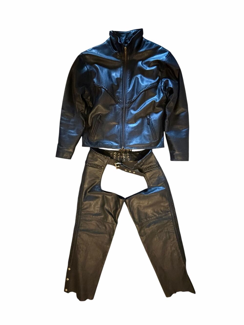 FMC Braided Leather Jacket & Matching Chaps Set Women’s S Moto Biker Halloween